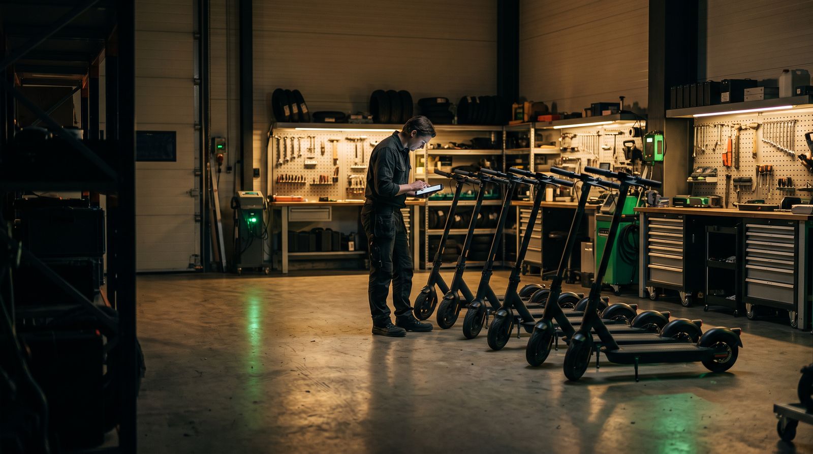 Reihe von E-Scootern einer Flotte zur Wartung in der Werkstatt