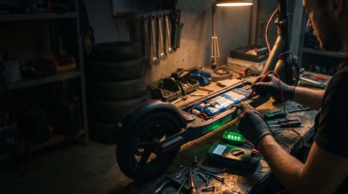 Geöffnetes Trittbrett eines E-Scooters, der Akku wird mit dem Messgerät geprüft