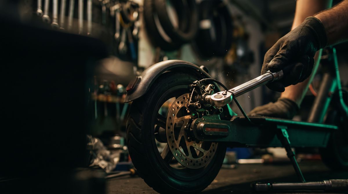 Scheibenbremse eines E-Scooters wird mit dem Drehmomentschlüssel eingestellt