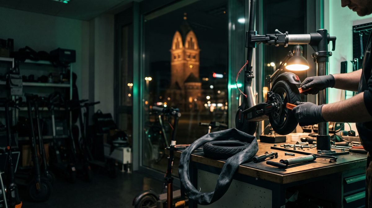 E-Scooter auf dem Montageständer in der Werkstatt, der Hinterreifen wird gewechselt, im Fenster der beleuchtete Hochzeitsturm Darmstadt